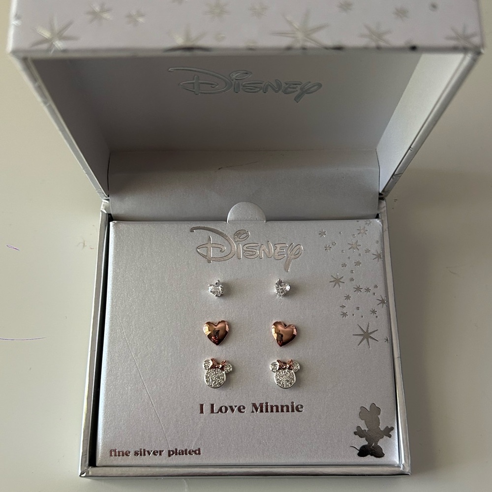 DISNEY 3-Pair Crystal and Cubic Zarconia Silver Minnie Mouse Earrings